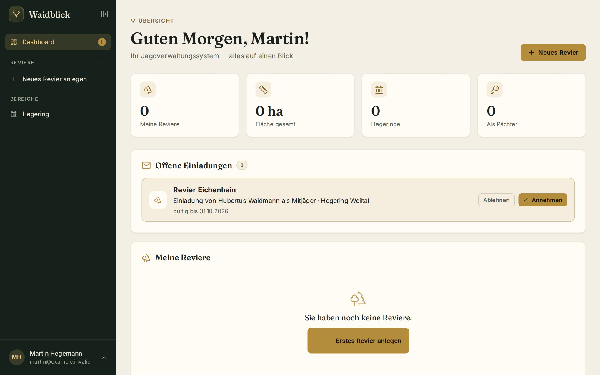 Offene Einladung im Dashboard